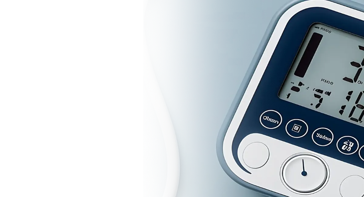 A close-up view of a digital blood pressure monitor displaying numerical readings, with part of the device’s tubing visible on a light blue background.