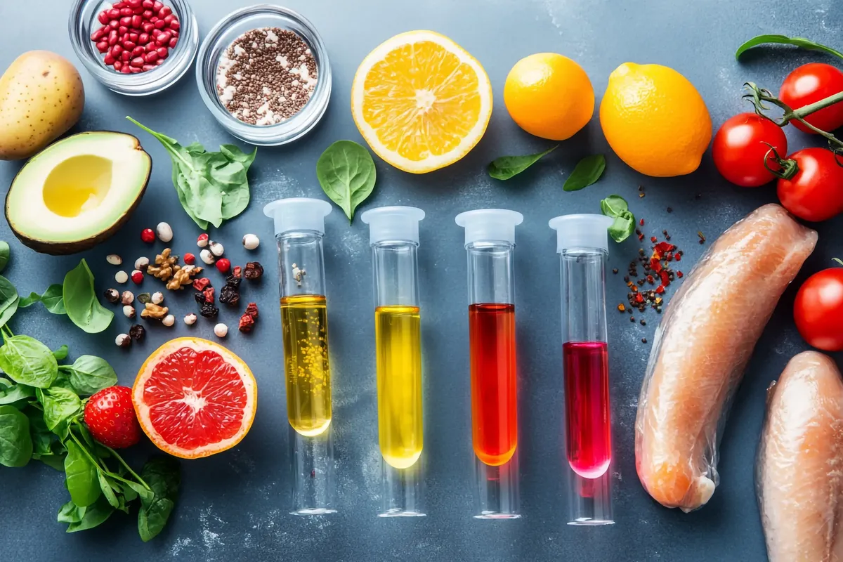 Overhead photo showing various healthy foods—including avocado, spinach, citrus fruits, salmon, nuts, and a potato—arranged around four clear test tubes filled with different colored liquids (yellow, orange, red). This visually links diet to scientific health metrics.